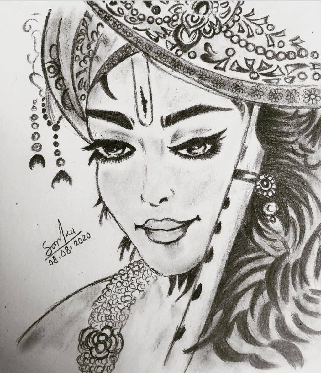 Divine Flute: The Essence of Krishna - Pencil Sketch